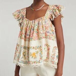 Farm Rio Delicate Forest Scarves Square Neck Embroidered Blouse Cream XS